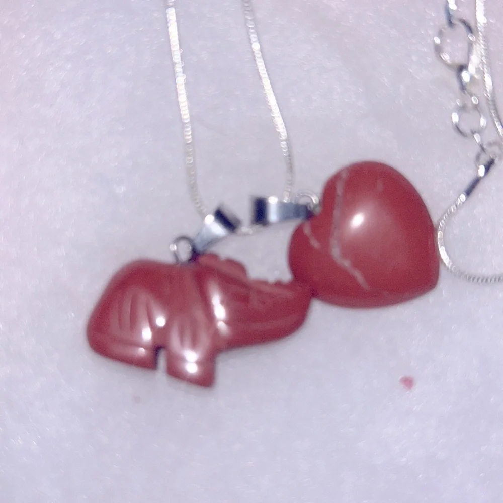 Boho Hippie Red Jasper Heart ❤️ and Elephant 🐘 24” Silver Necklace - Picture 6 of 6